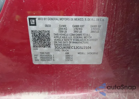 2018 Chevrolet Silverado 1500 2Lt из США, поврежденный, VIN 3GCUKREC1JG522104